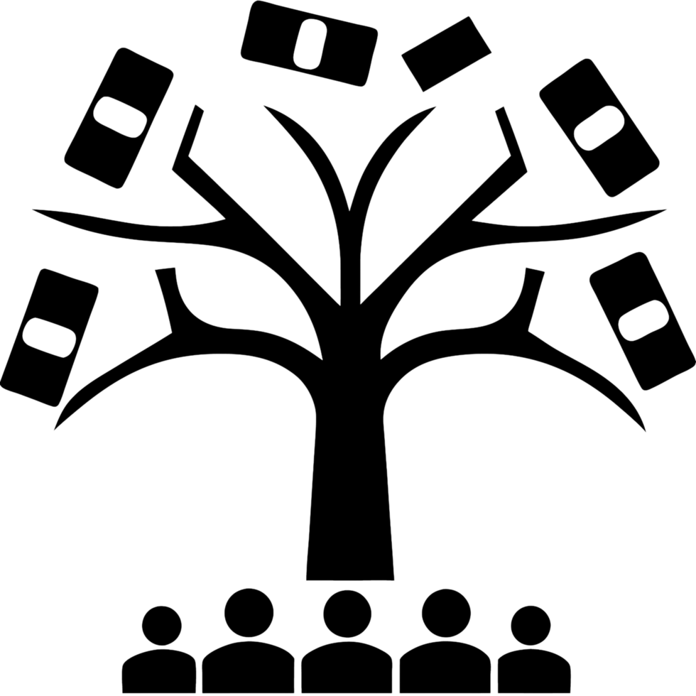 A vast tree with branches extending wide, dropping money onto people standing below, symbolizing wealth, prosperity, and financial success png