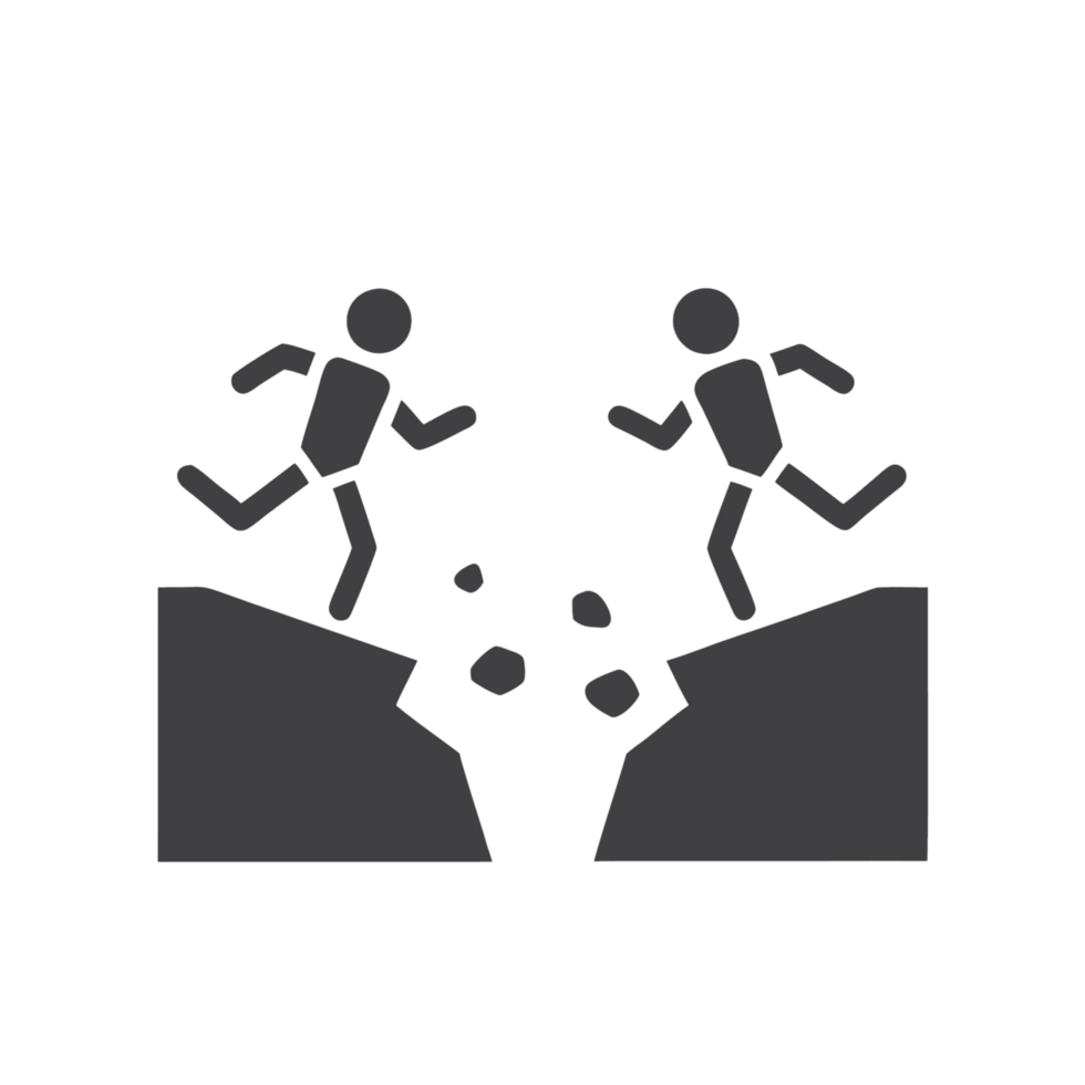 failure and division, with two figures running in different directions away from a large crack symbolizing an impending collapse or breakdown png
