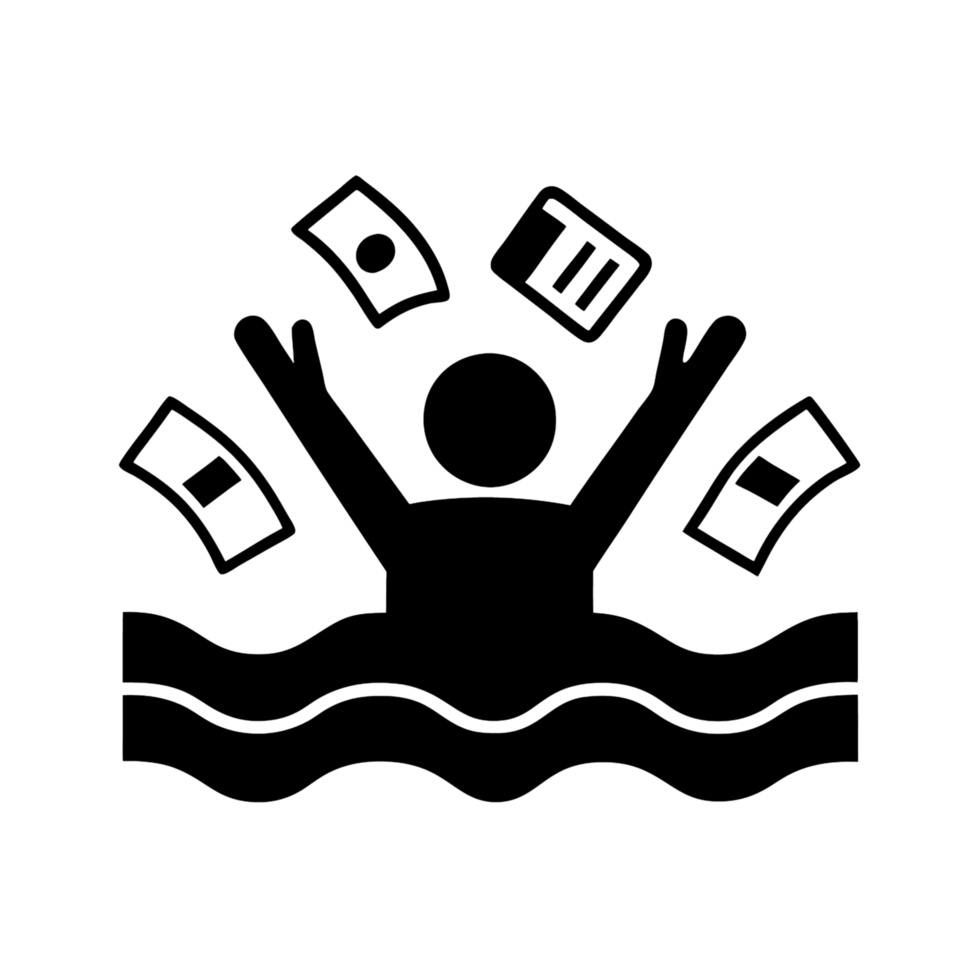 An abstract figure in the water, drowning amidst a flood of money and documents, symbolizing overwhelming financial and work pressures png