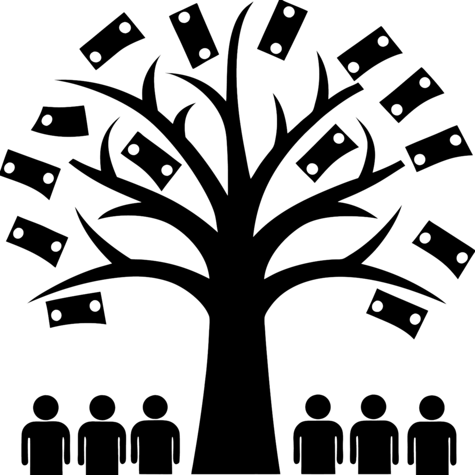 A large ancient tree with branches that spread wide, surrounded by people beneath it, symbolizing growth, prosperity, and abundance in nature png
