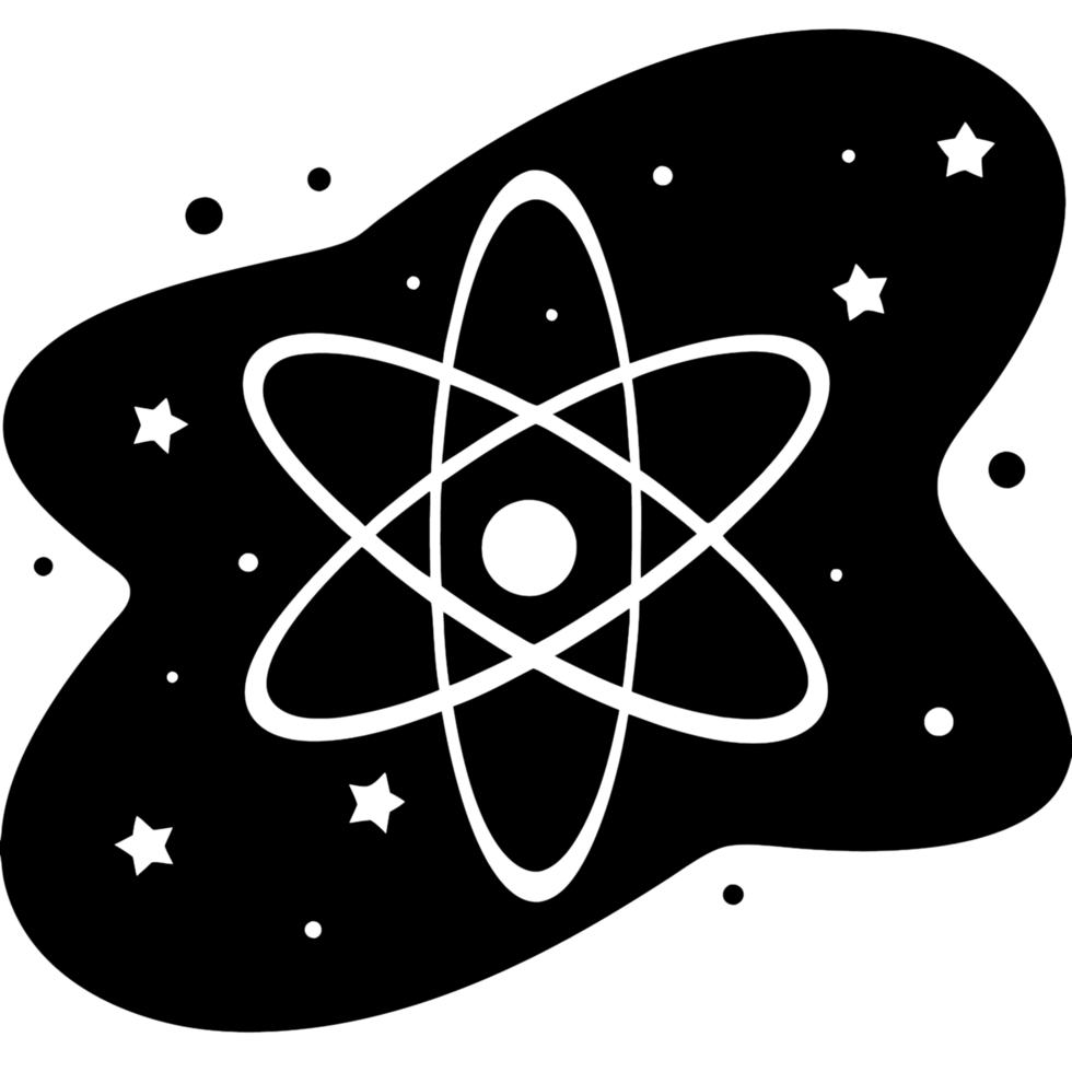 Illustration of an atom with electrons orbiting the nucleus in space, symbolizing science, physics, and atomic structure png
