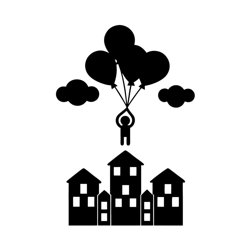 illustration of a person holding onto balloons as they float above houses, symbolizing freedom, adventure, and escaping the ordinary png