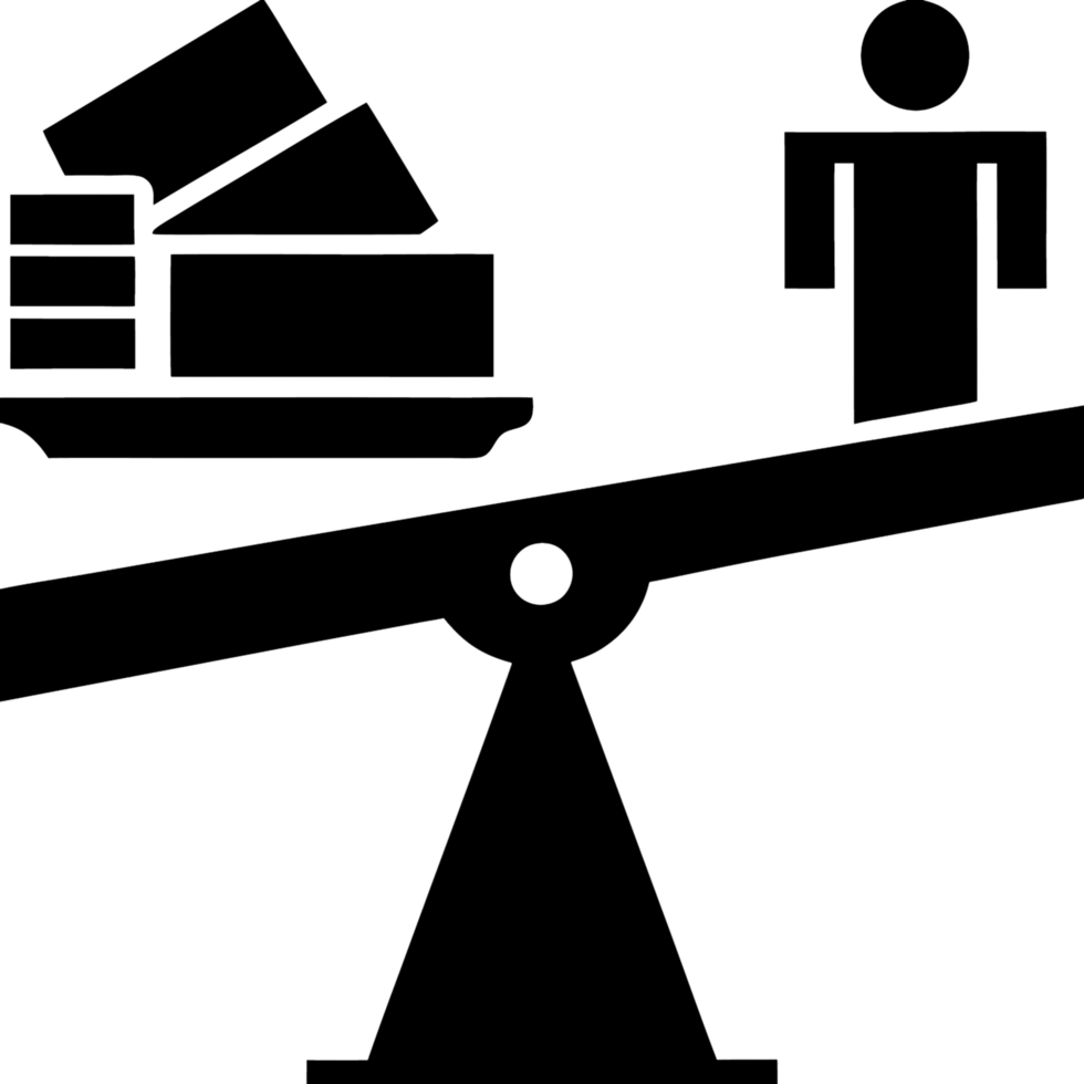 Illustration of a balance scale tipping with money on one side and a person on the other, symbolizing the choice between wealth and personal fulfillment png