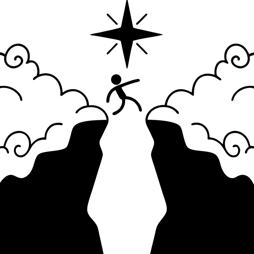 Abstract digital artwork showing a person jumping across a gap between cliffs with a shining star overhead, symbolizing hope and ambition png