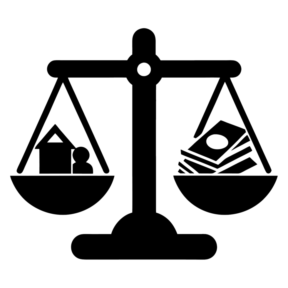 Symbolic representation of a balance scale with money on one side and a home on the other, illustrating the conflict between material wealth and personal life png