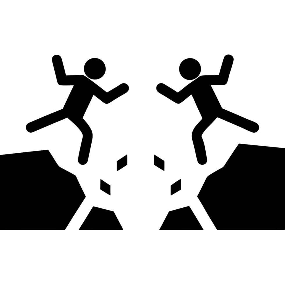 two figures running from an imminent collapse, symbolizing the fear of failure, separation, and emotional breakdown png