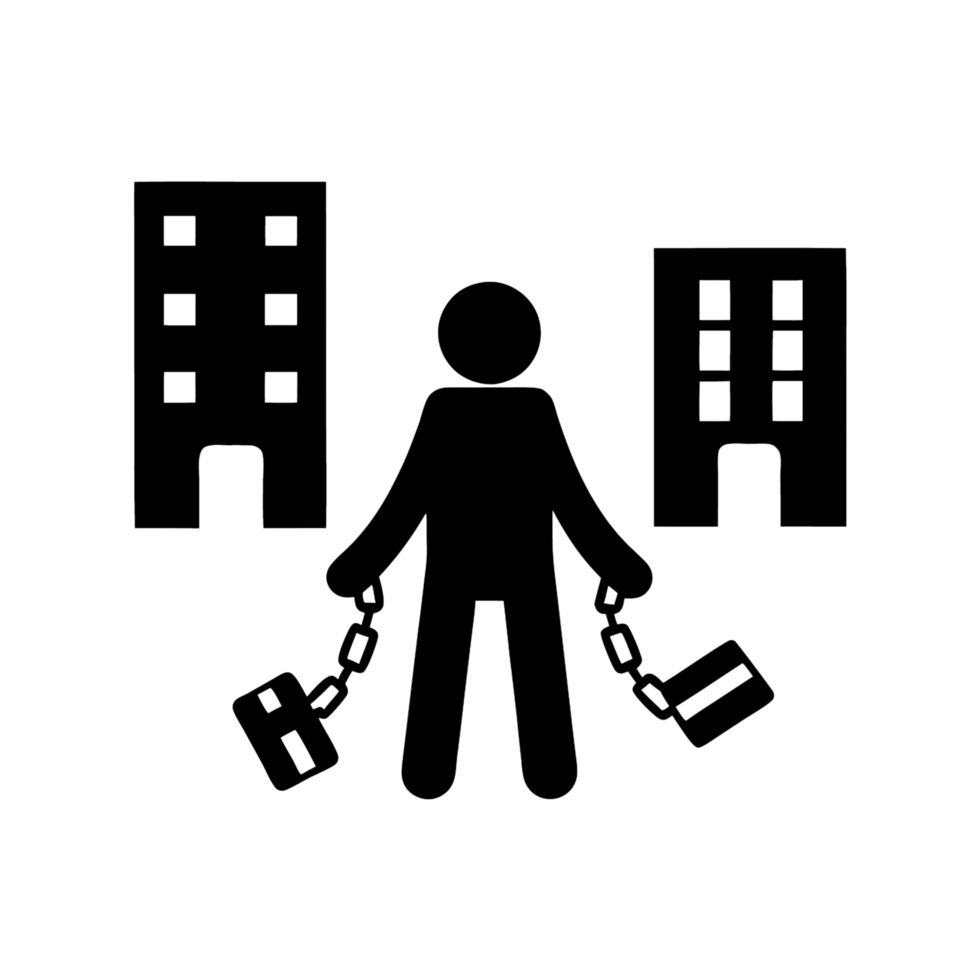 illustration symbolizing the captivity and restriction felt by individuals in modern urban life, depicted through chains binding a person to buildings png