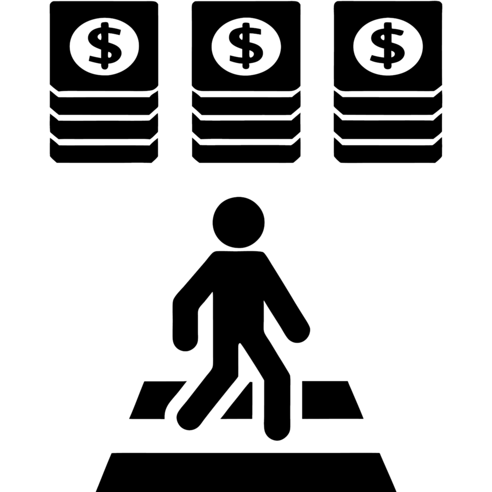 A figure walking down a financial path with clouds, money, and credit cards, representing the challenges and decisions in managing finances png