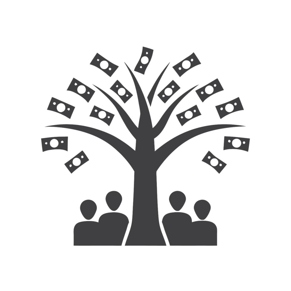 An enormous tree with sprawling branches releasing dollar bills, representing a strong connection between nature, wealth, and human growth png