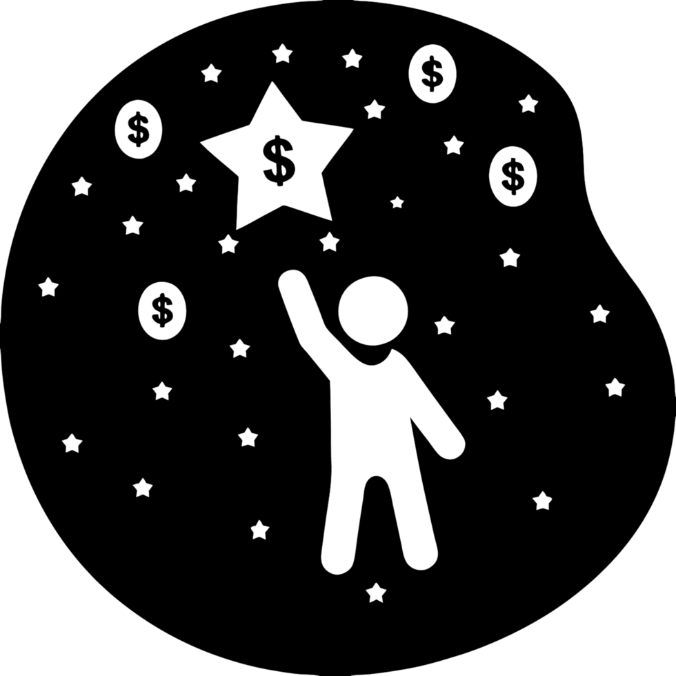 Concept of a person reaching for a star amidst a cosmic background filled with glowing dollar signs, symbolizing financial aspirations and dreams png