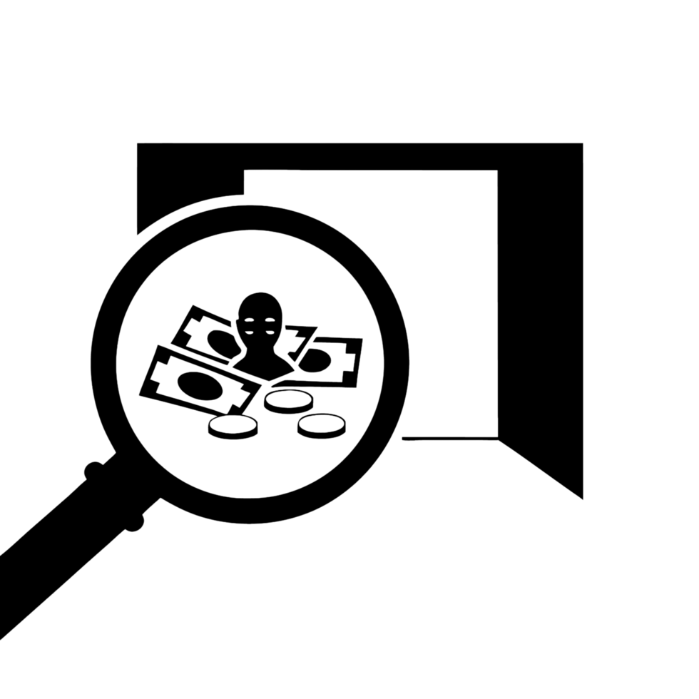 magnifying glass revealing suspicious financial activity, symbolizing fraud detection, criminal investigation, and the scrutiny of illicit transactions png