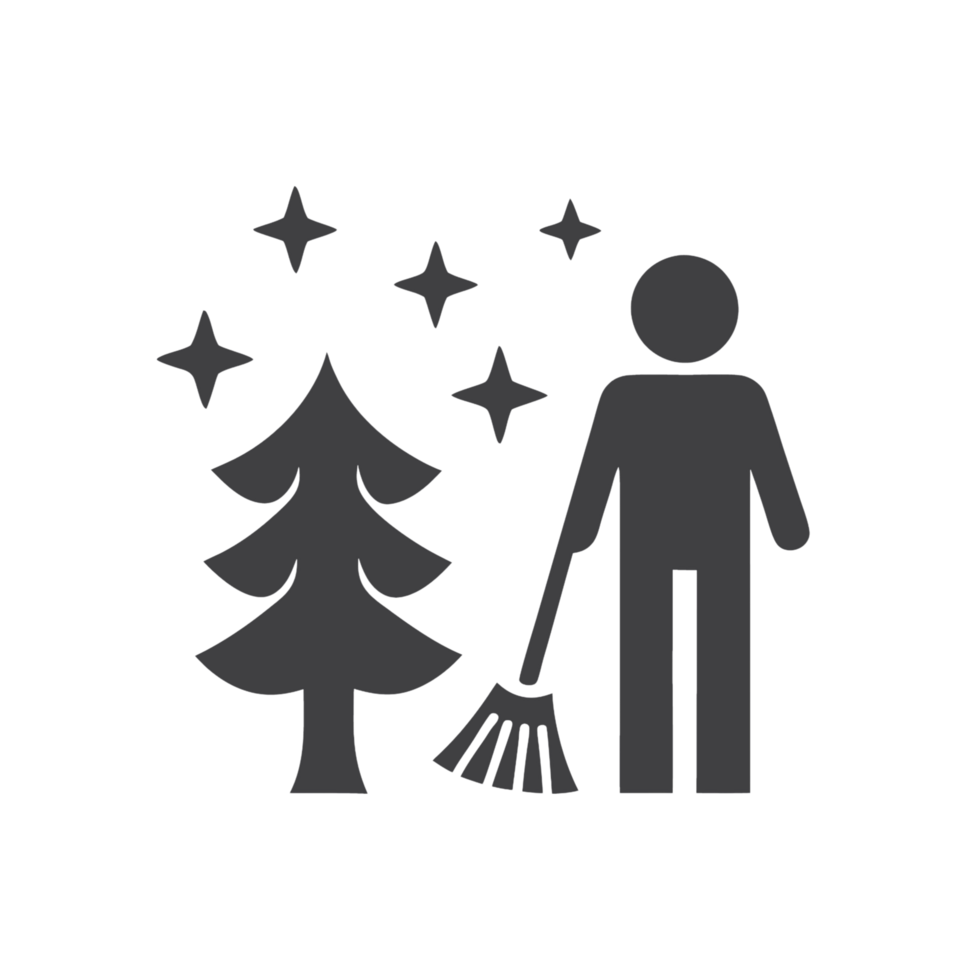 forest caretaker sweeping magical leaves with enchanted broom, surrounded by sparkling stars and trees, symbolizing nature and magic png