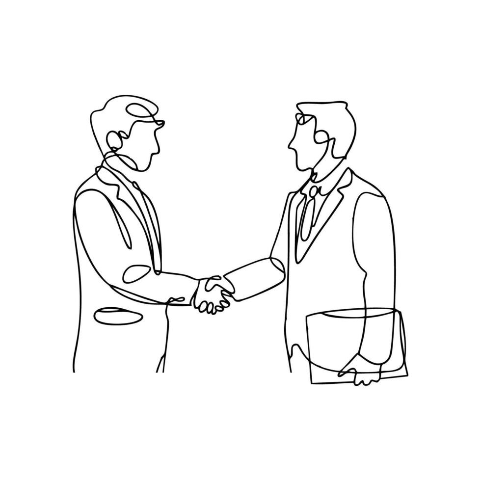 Continuous one line drawing of businessman shaking hands with client after completing project agreement, business deal concept vector