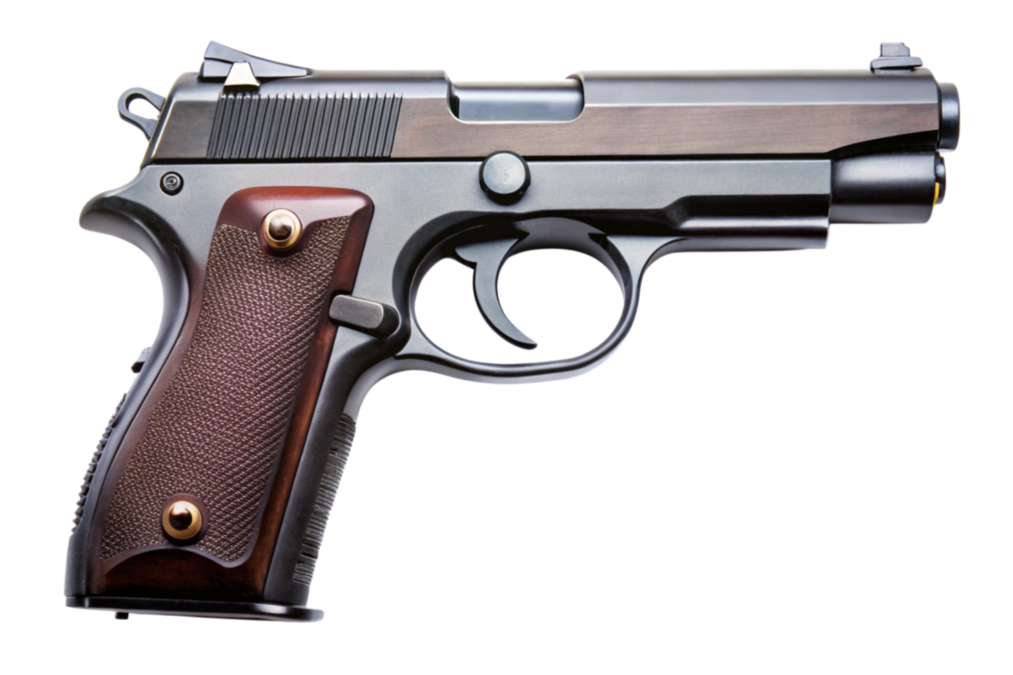 Detailed close up of a semi automatic handgun on white, perfect for visual design projects png