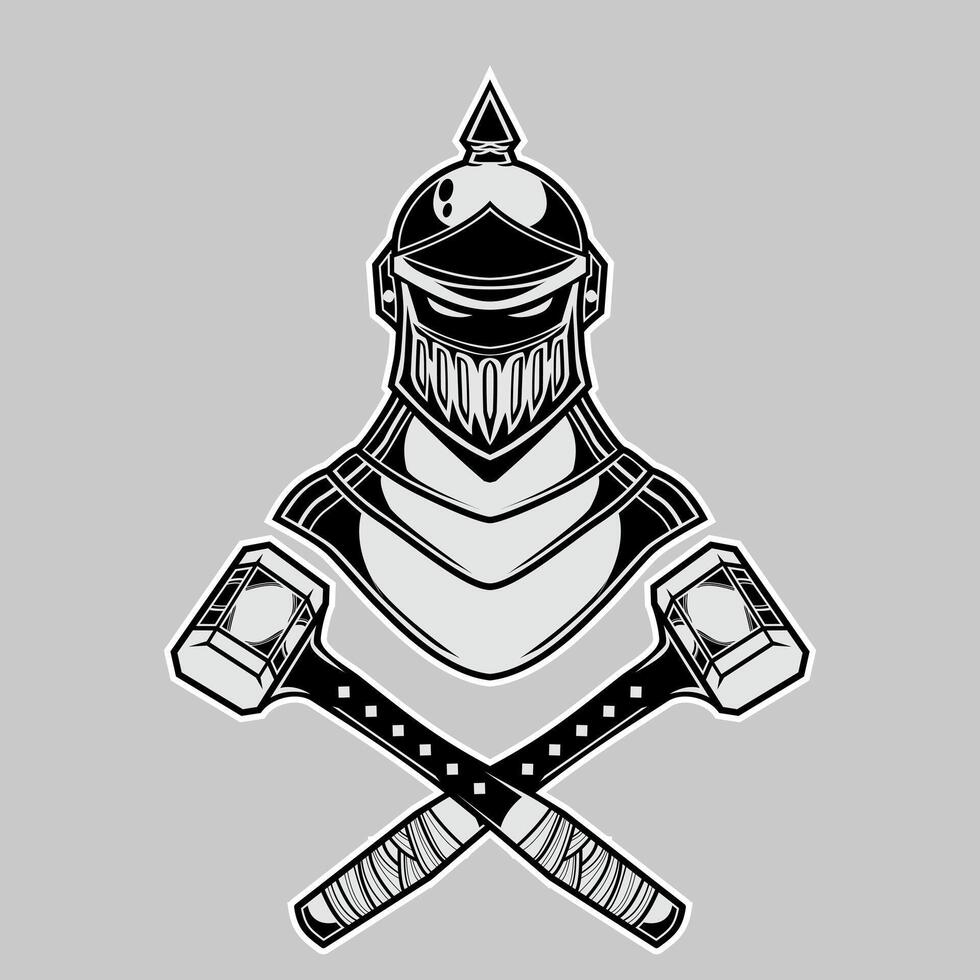 A black and white logo of a knight with two crossed axes vector