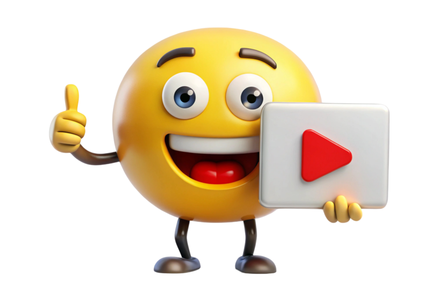 Happy emoji holding a play button sign and giving a thumbs up, representing positive media engagement and interaction png