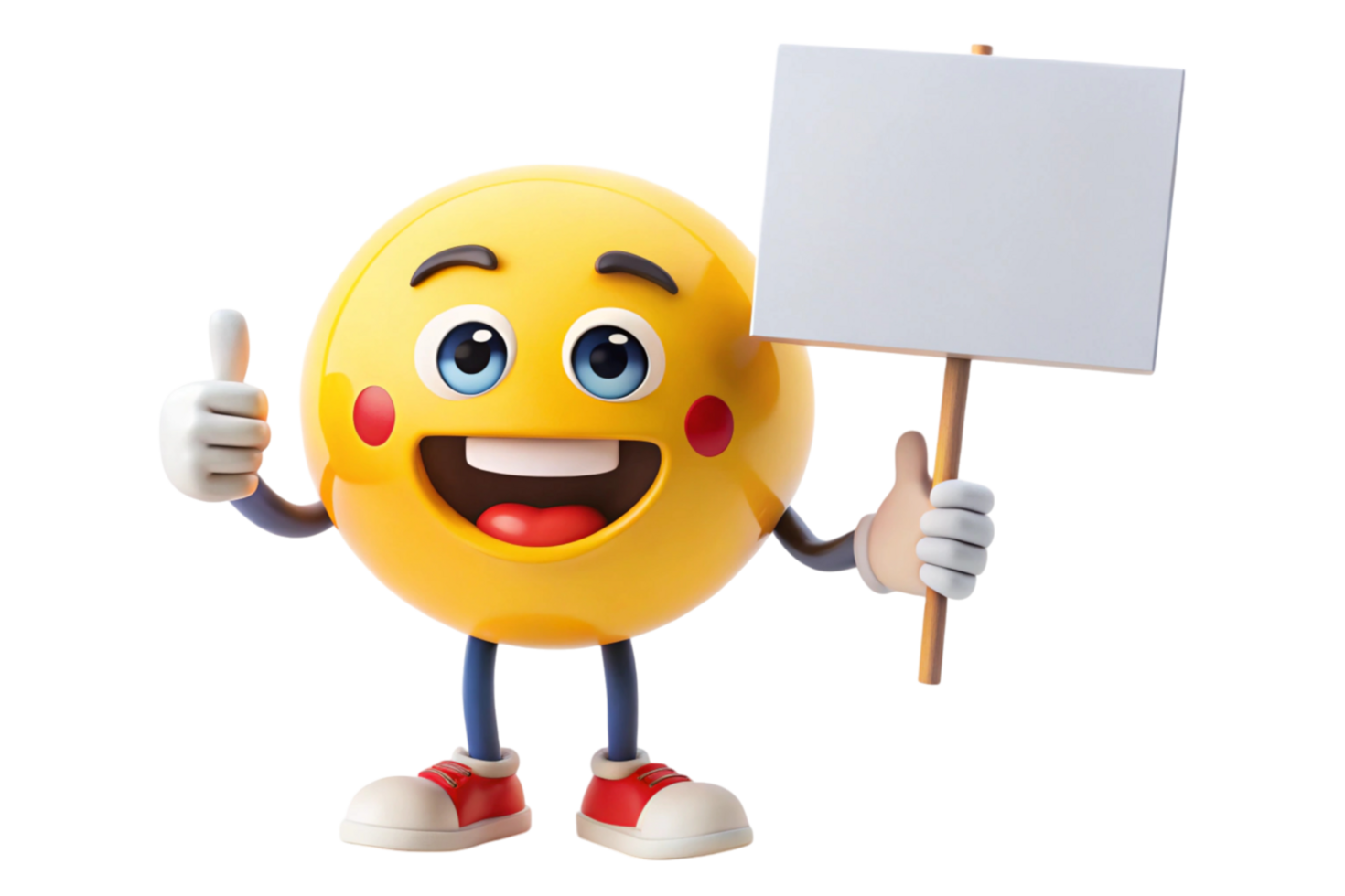 Cute emoji character holding a blank placard with a cheerful expression and thumbs up gesture. png