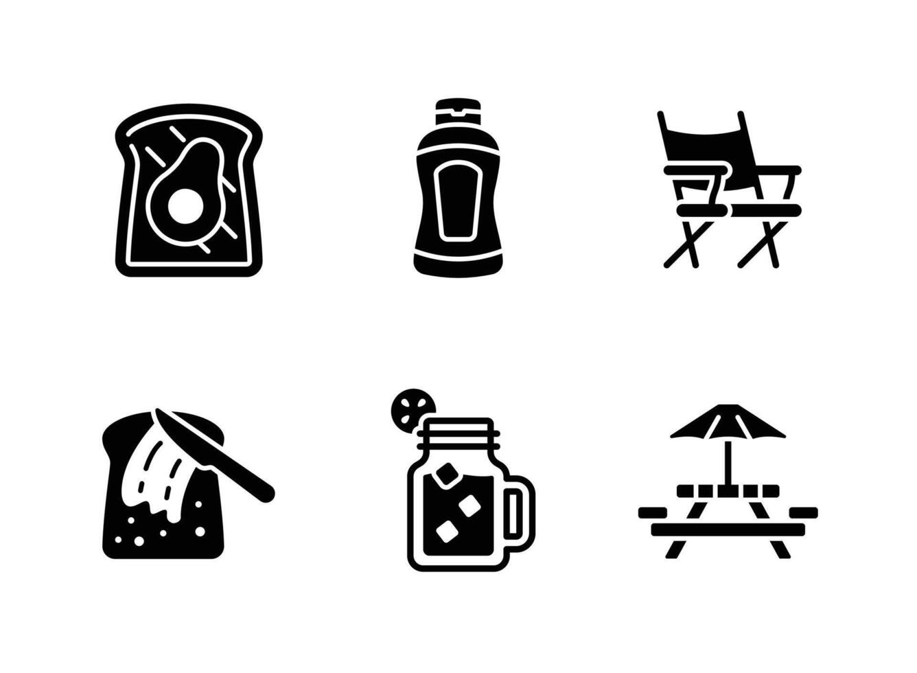 Avocado Toast, Mustard Bottle, Folding Chair Solid Icons vector