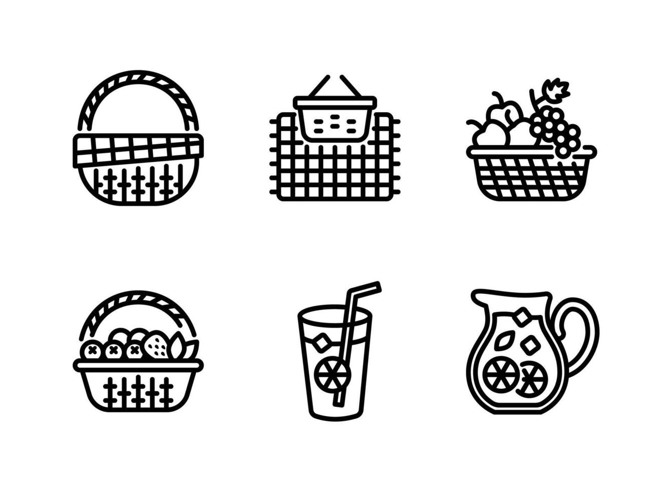 Picnic Basket, Blanket, Fresh Fruit, Lemonade Line Icons vector