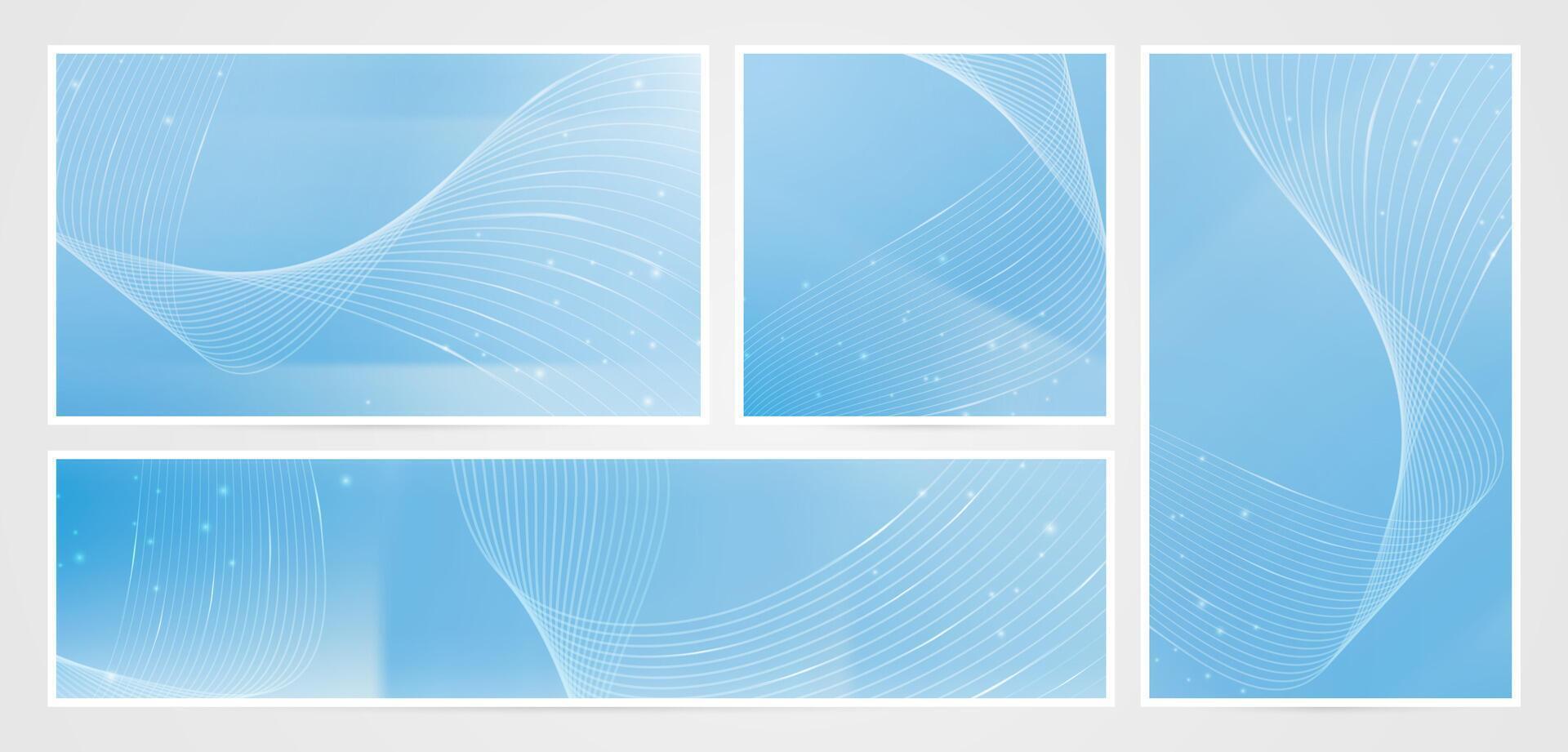 set of four blue abstract banners with wavy lines designs for business cards templates, banner, flyer, covering calendar, web banner, signs, website header, landing page, social media template element vector