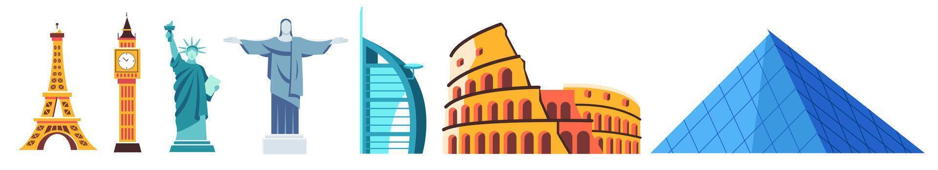 Global landmarks icons set, featuring famous architectural icons design vector