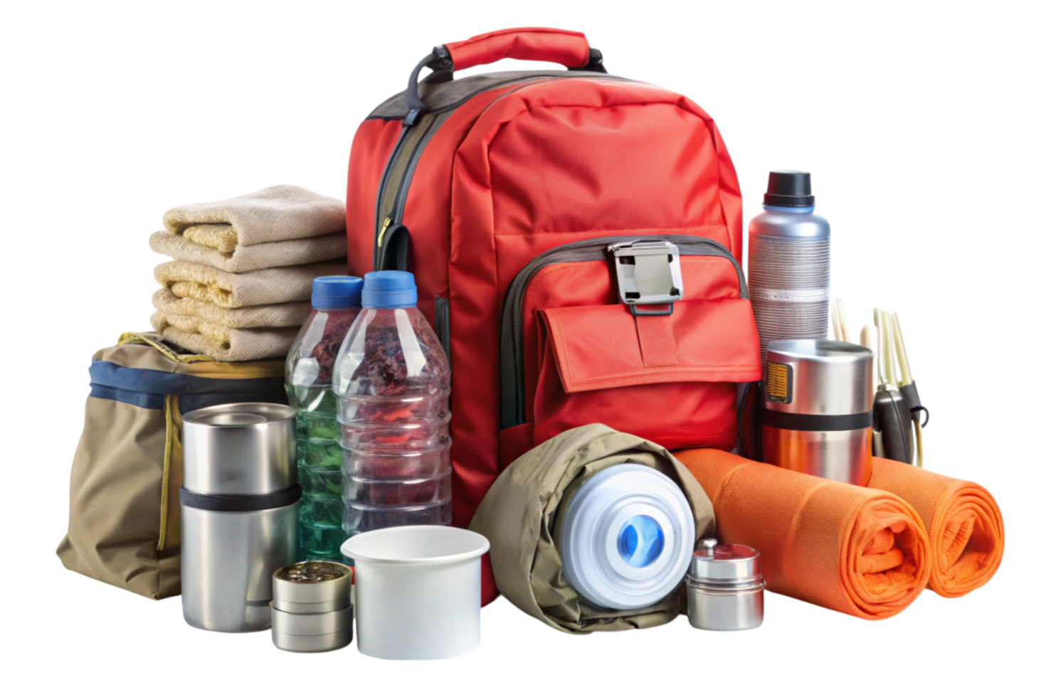 Comprehensive survival pack including a backpack, blankets, and essential tools for emergency situations png