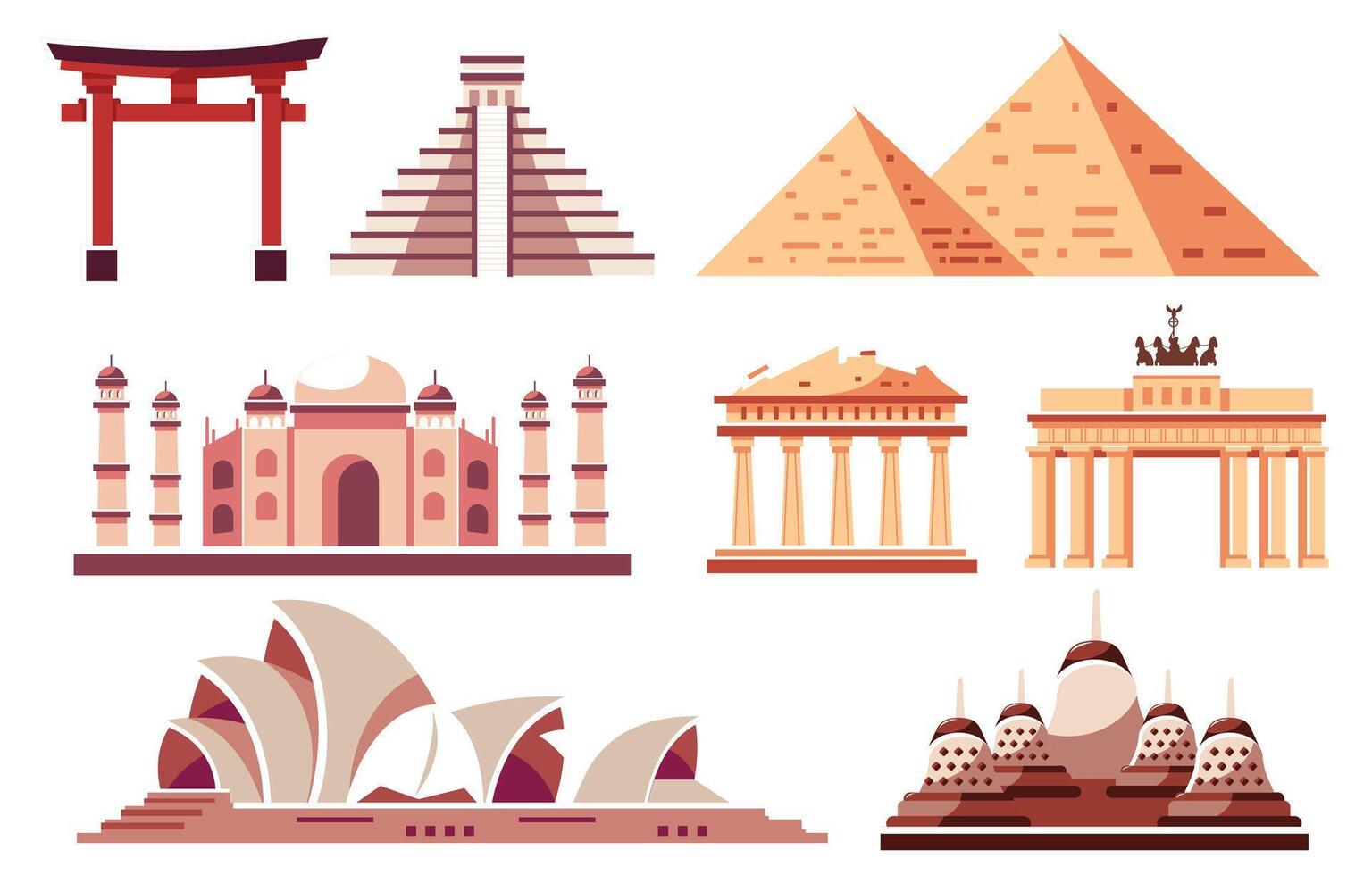 Global landmarks iconic structures world travel destination silhouette design vector