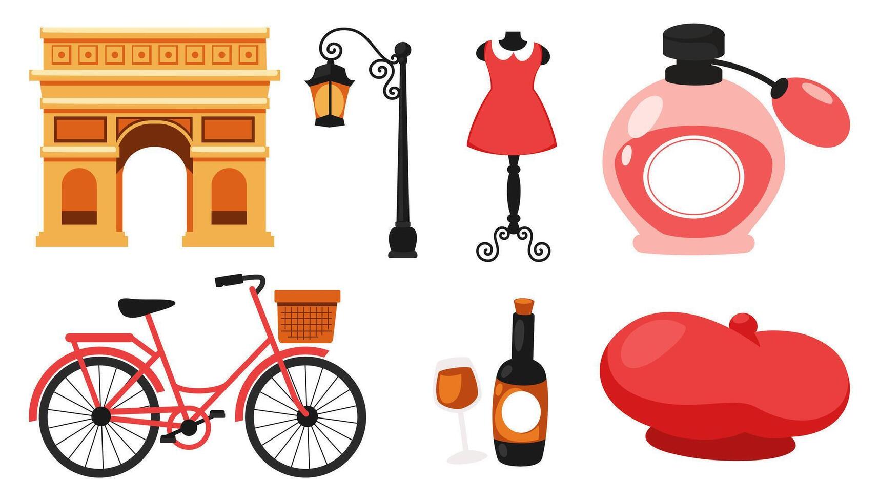 A set of cartoon illustrations representing objects reminiscent of Paris vector