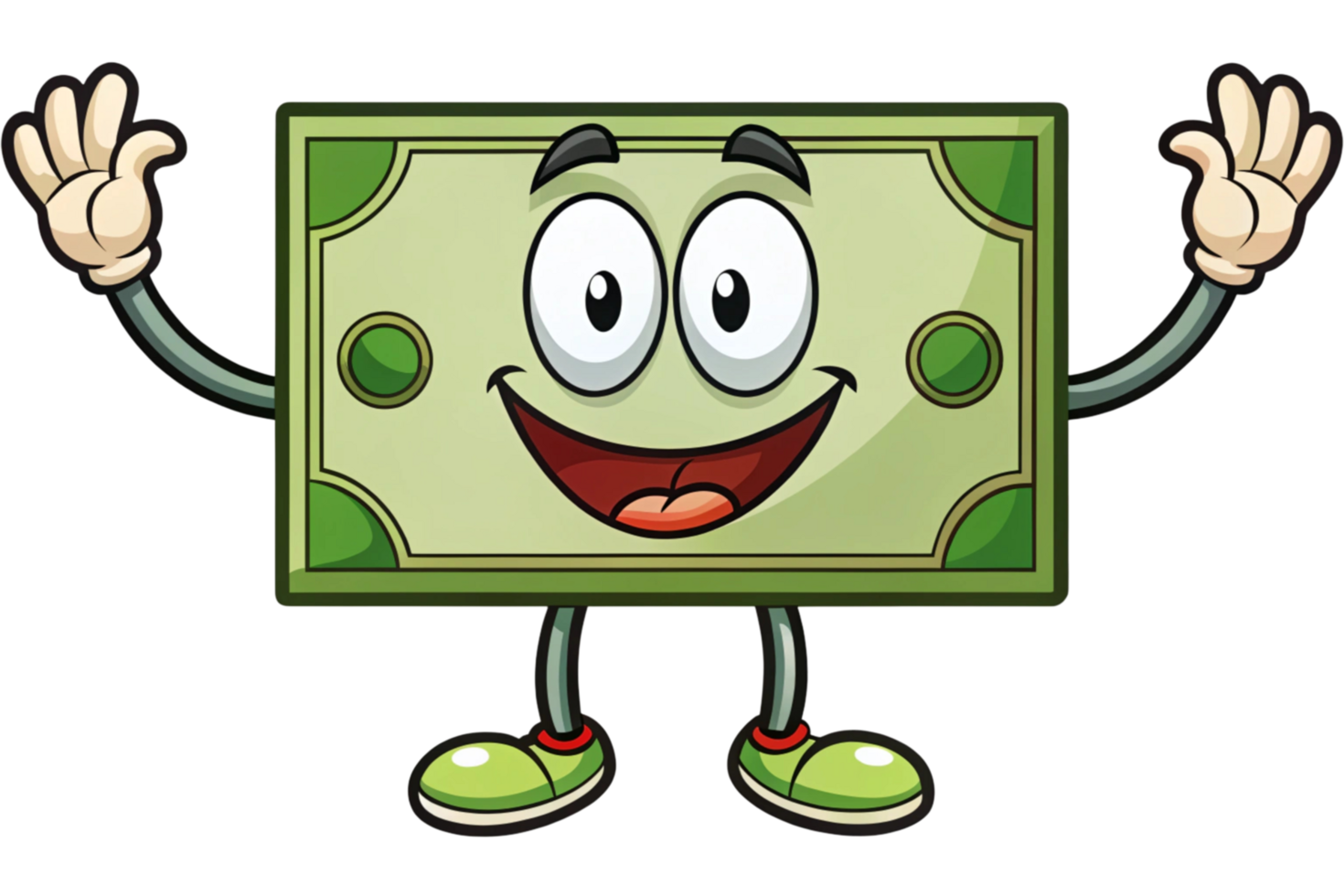 Fun and happy dollar bill cartoon mascot with a smiling face, thumbs up, and energetic pose, symbolizing wealth and economy png