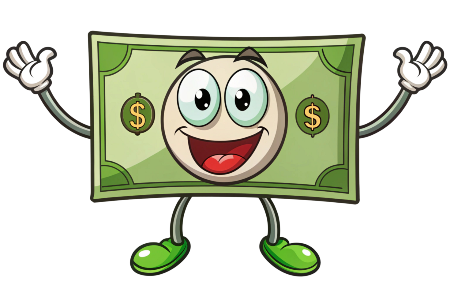 Playful dollar note character illustration with lively features, perfect for financial themes and money related graphics png