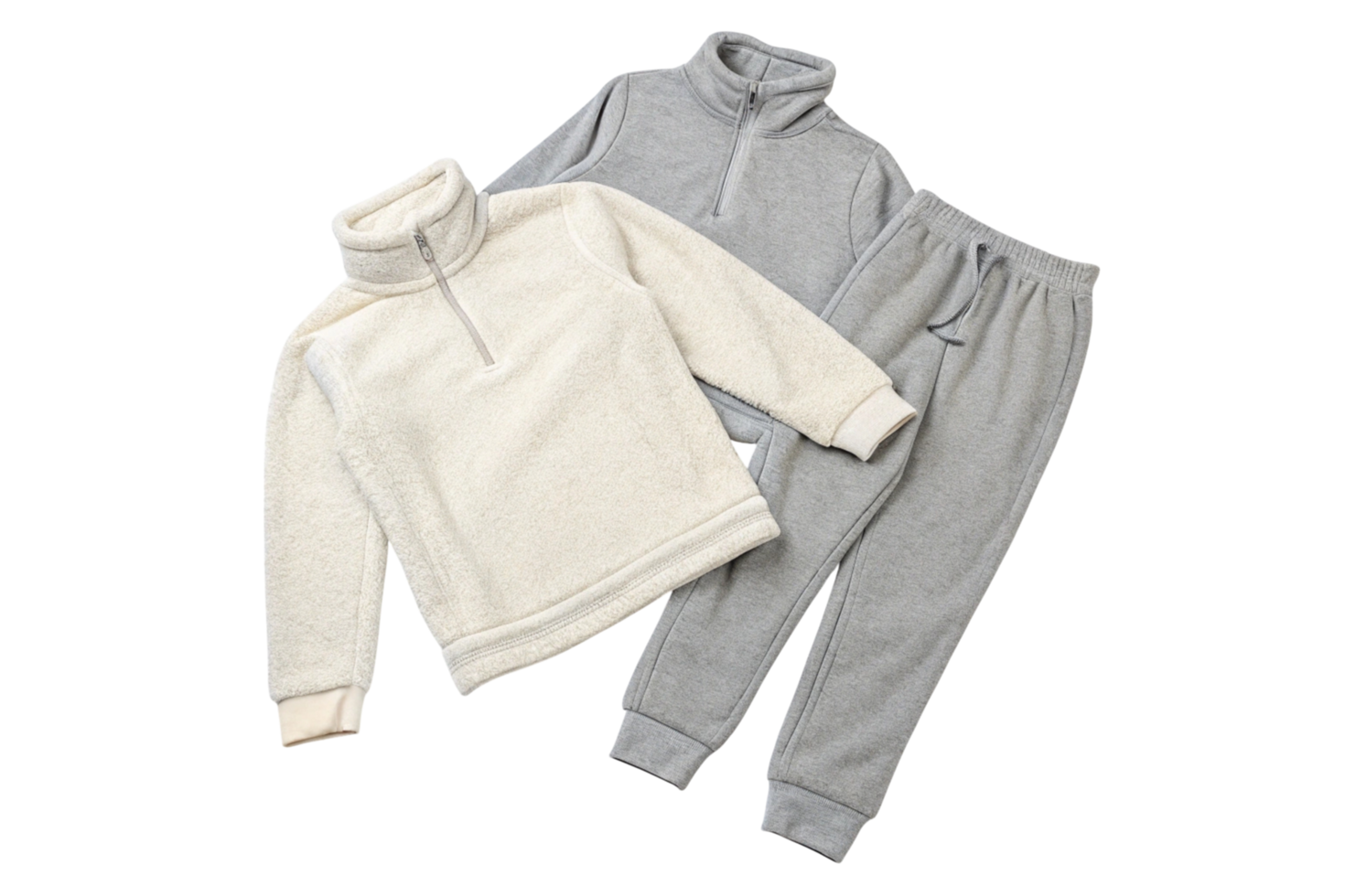 Stylish and comfortable kids' fleece pullovers with matching sweatpants in minimalist design png