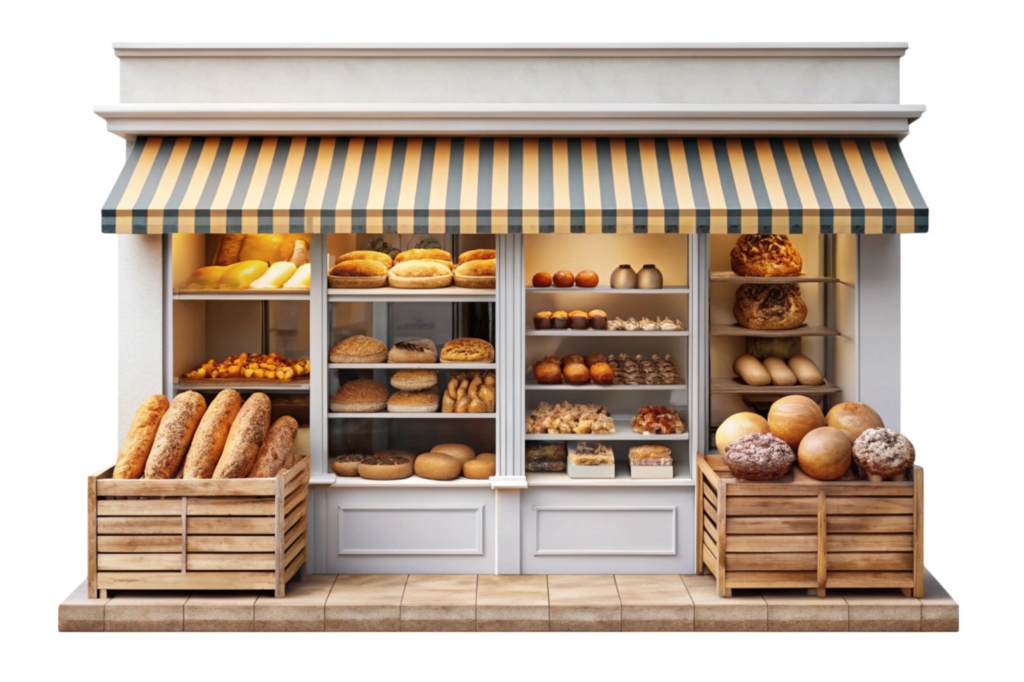 Variety of fresh bread, rolls, and desserts showcased in a quaint bakery shop exterior with wooden crates and shelves png