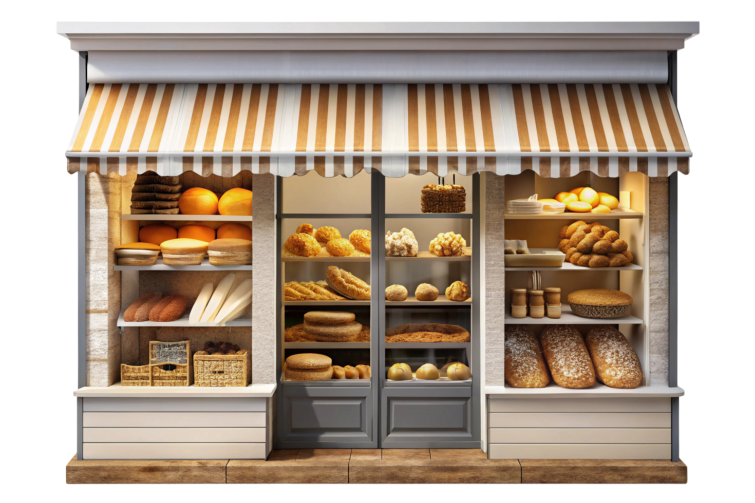 Traditional bakery shop facade with a colorful striped awning and an inviting display of baked treats and loaves png