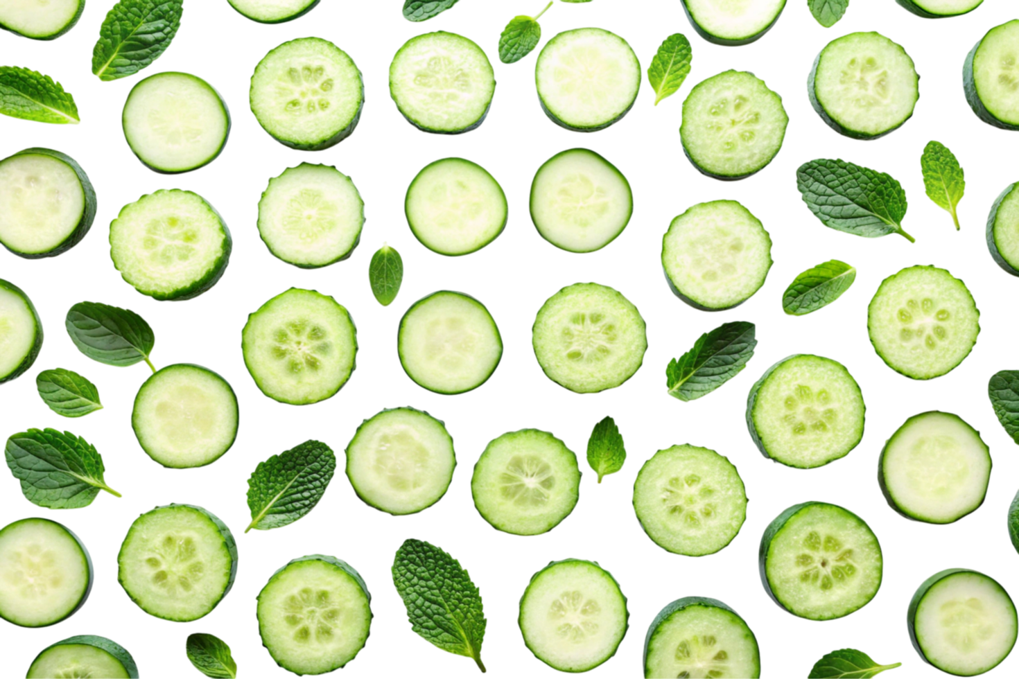 Healthy and refreshing cucumber slices paired with mint leaves, creatively displayed in a flat lay composition png