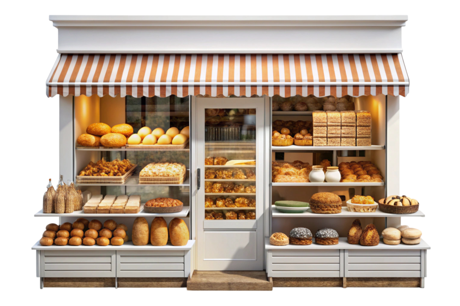 Front view of a local bakery with assorted breads, pastries, and baked goods neatly displayed under striped awning png