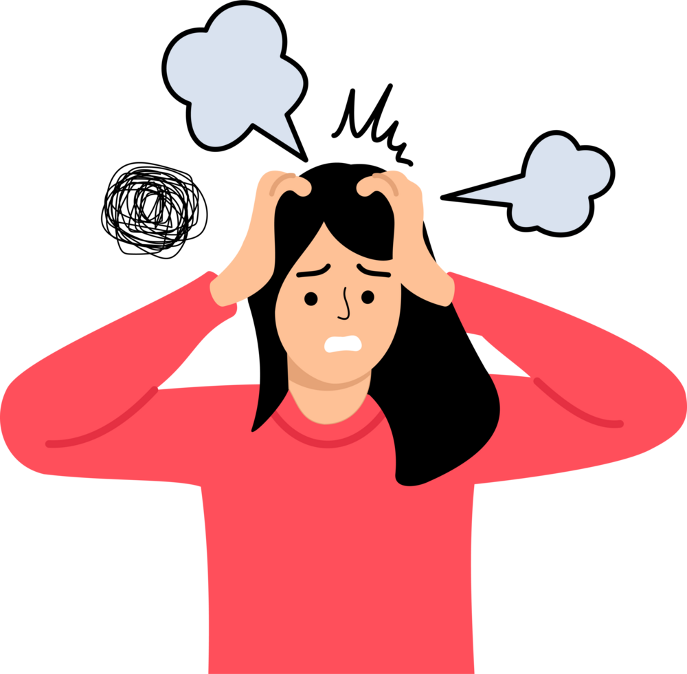 exhausted woman with chaos and mess in head suffer from nervous breakdown tired emotional. mental health concept png
