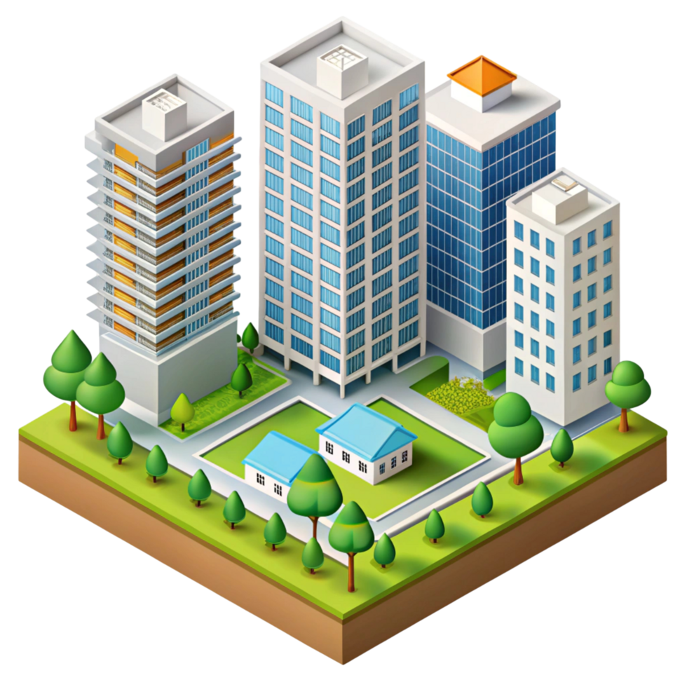 Isometric design of a city with structured zoning, highlighting residential areas, greenery, and urban planning png