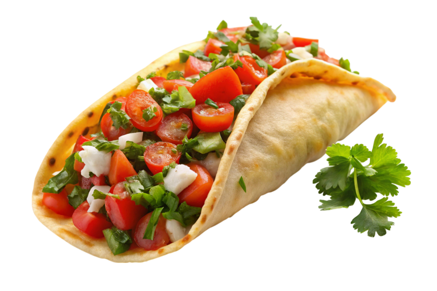 A tasty wrap filled with fresh chopped vegetables, tomatoes, lettuce, and a sprinkle of cilantro in a soft, warm flatbread shell png