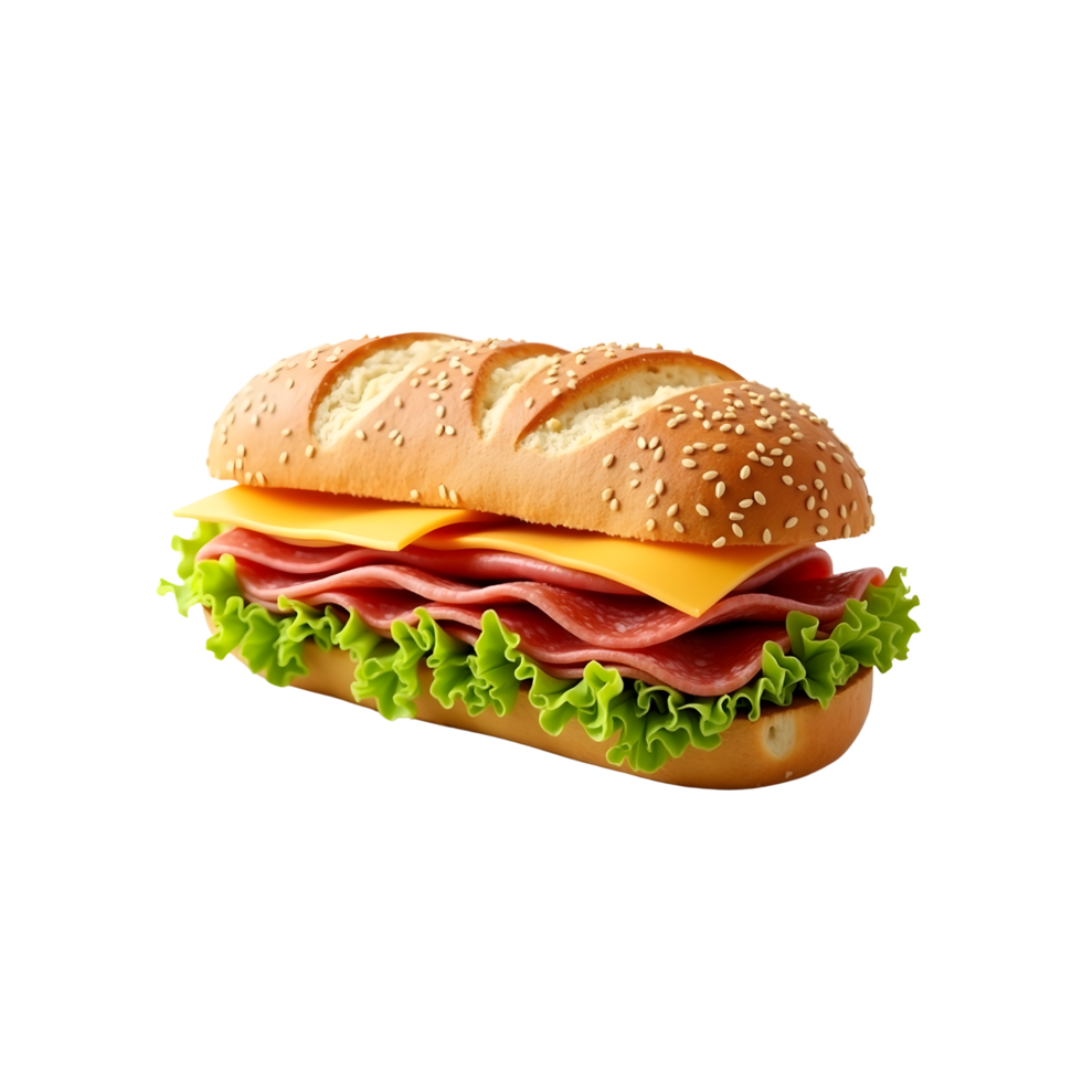 Fresh Deli Sub Sandwich with Salami, Cheese, and Lettuce on a Sesame Bun Transparent Background png