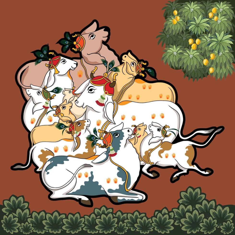 Indian Miniature art group of Pichwai cows vector