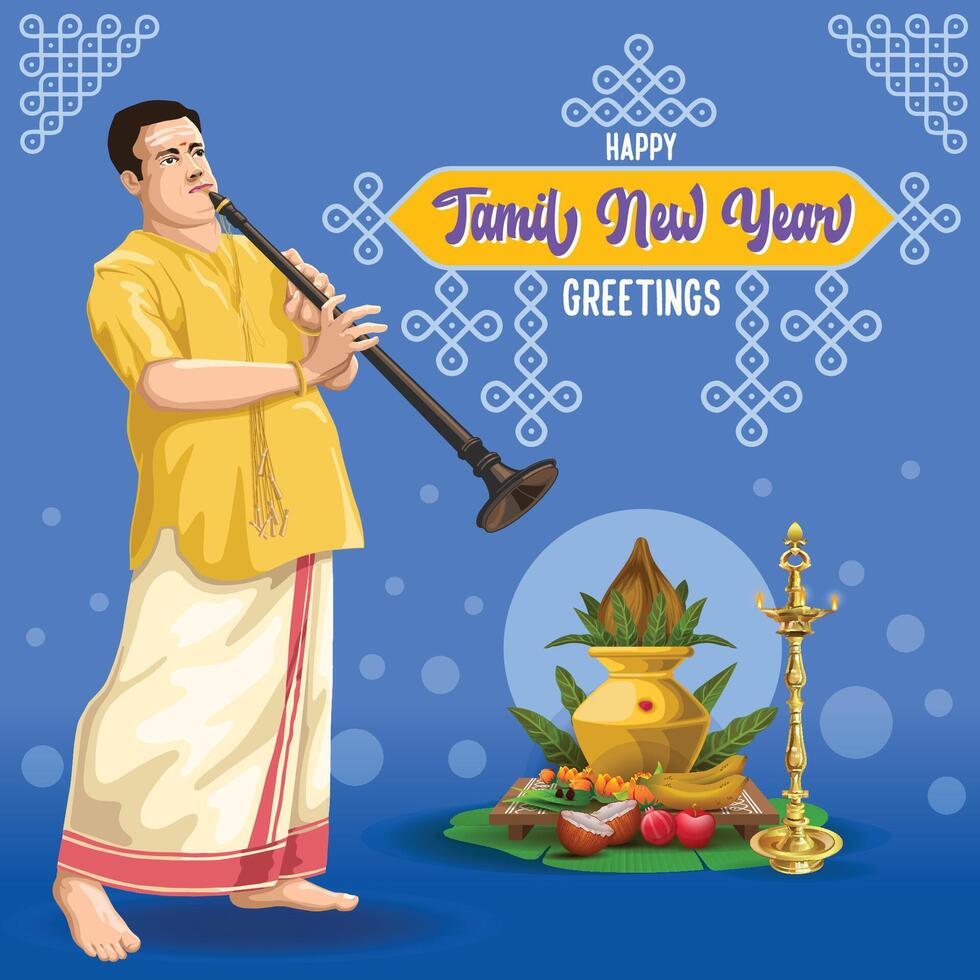 Tamil New year Greetings with a Musician Playing wind musical Instrument vector