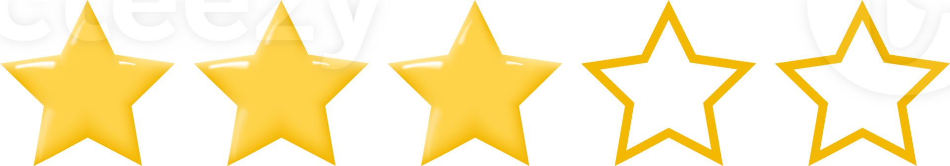 Row of five solid gold stars followed by two gold outlined stars. Isolated on transparent background. png
