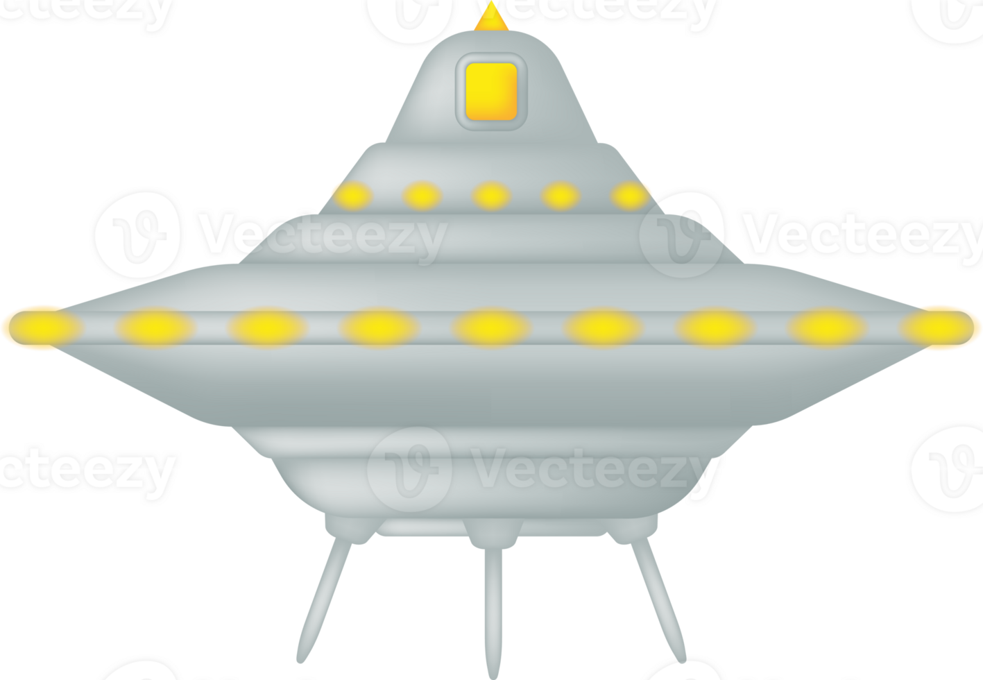 Silver UFO with glowing yellow lights and landing legs. Isolated on transparent background. png