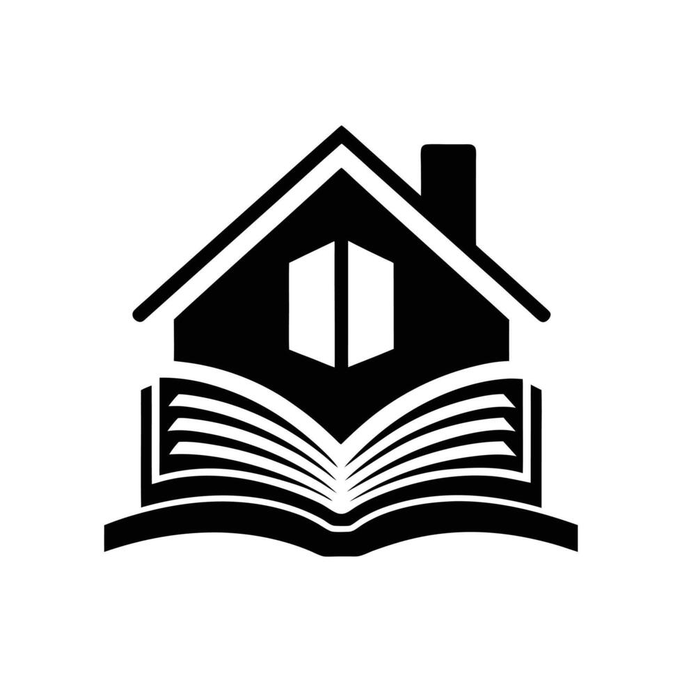 House and Book Icon Symbolizing Home Learning, Library, Education, Real Estate, Literature, Bookstore, Reading, Study, Knowledge, Family, Wisdom, and Learning Space vector