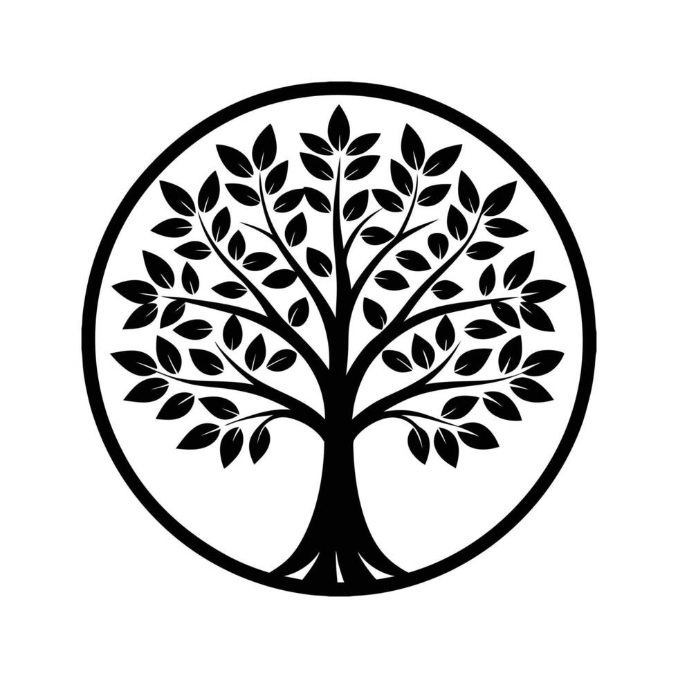 Elegant Black and White Tree Icon with Leaves for Nature, Growth, and Environment Design vector