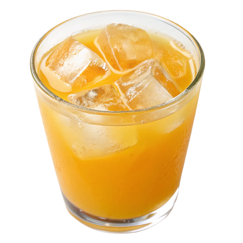 orange juice in a glass with ice cubes png