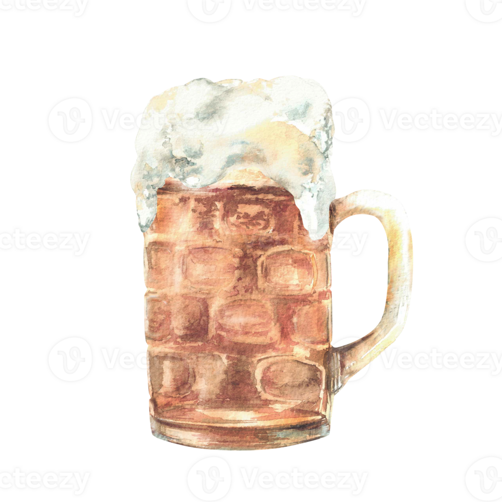 A mug of beer with foam. Pint of ale, craft beer. Traditional drink, beverage at the Oktoberfest festival, bar, pub menu. Watercolor hand drawn illustration for card, flyer isolated from background. png