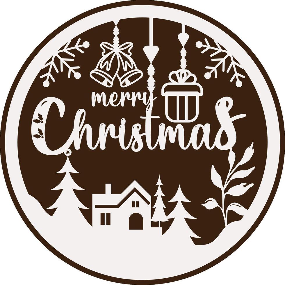 Christmas 2 layer wooden door sign with gift box, snowflake, Christmas tree, house and Merry Christmas text. vector