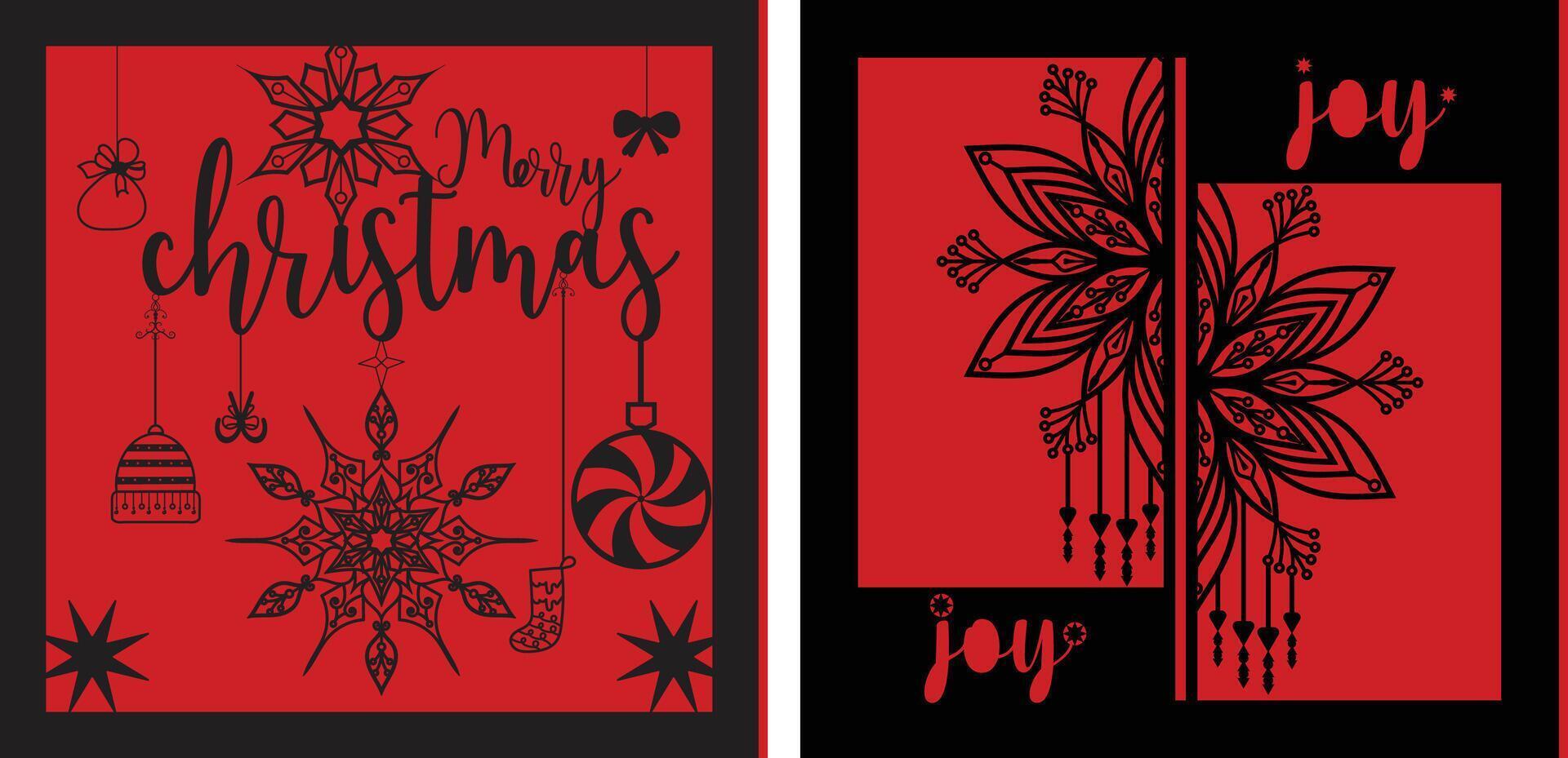 Christmas gift card 2 layer with Christmas snowflake, ball and Christmas text Joy. vector