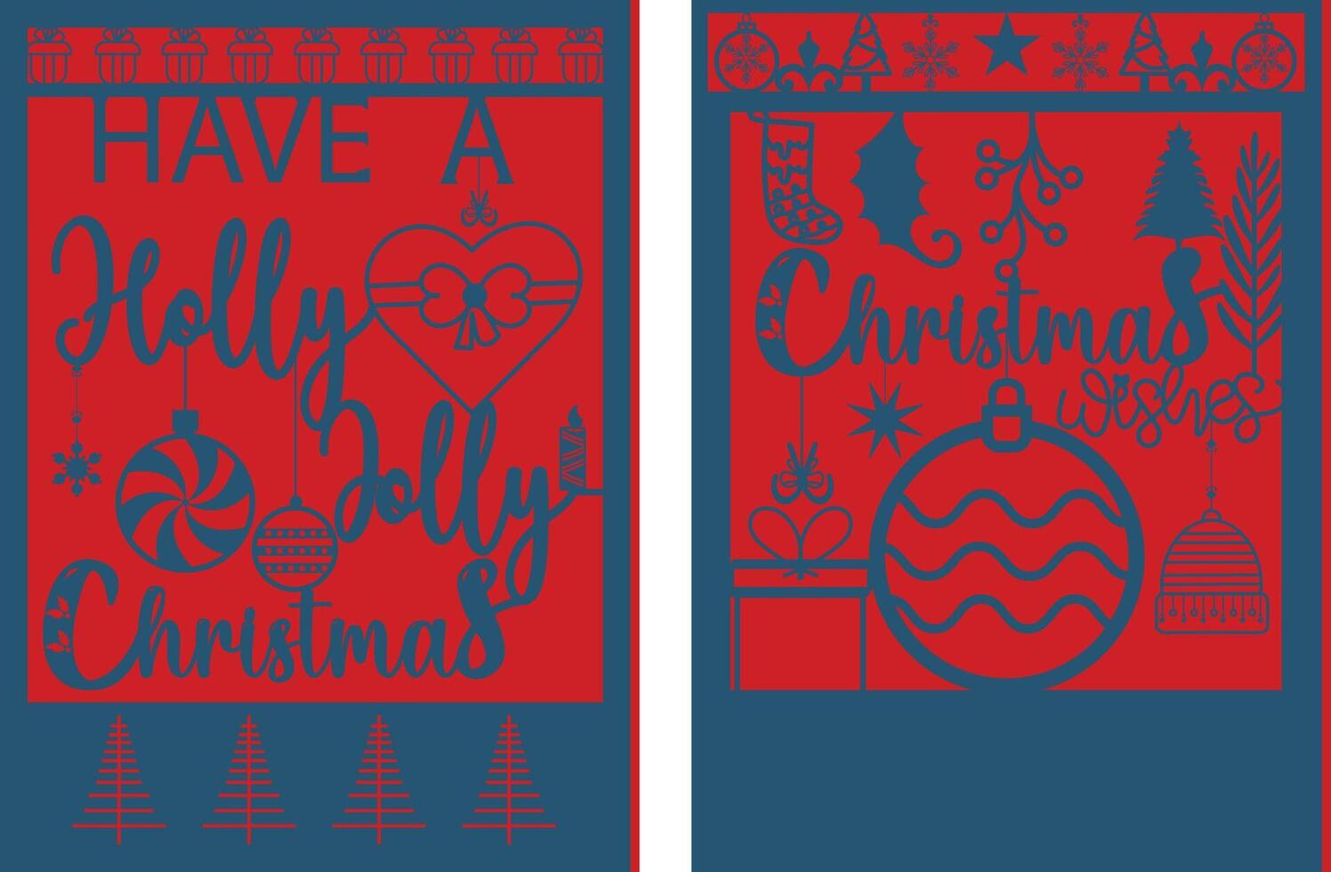 Christmas gift card 2 layer with Christmas snowflake, ball and Christmas text holly Jolly and Christmas wishes. vector